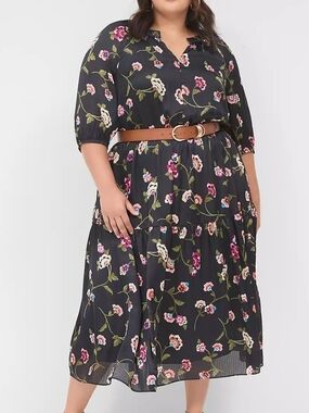 Lane Bryant Black Floral Tiered Midi Dress